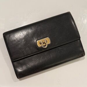 Salvatore Ferragamo Black Leather XL Compact Wallet Clutch w/ Gancini Closure